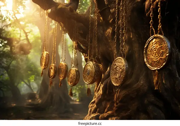 Mystical Golden Medallions Hanging from a Tree in the Forest
