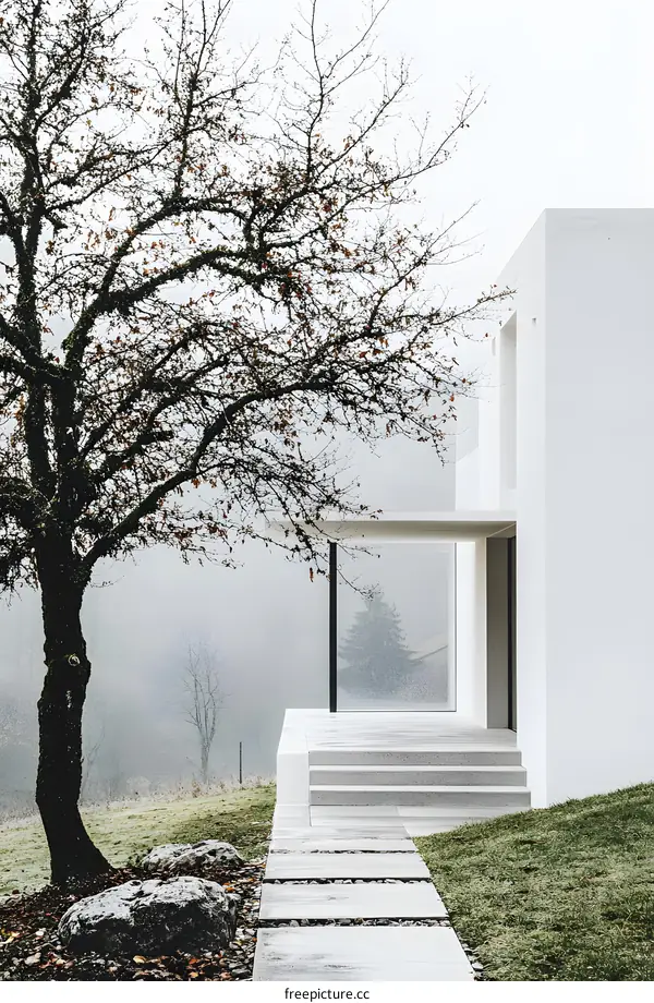 Minimalist White House with Tree and Foggy Background
