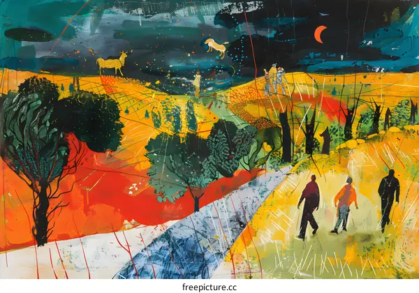 Abstract Painting of a Night Sky with Three People Walking