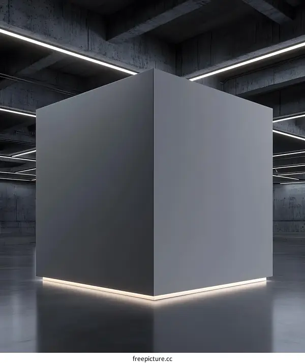 Minimalist Cube Shape in Concrete Room With Led Lights