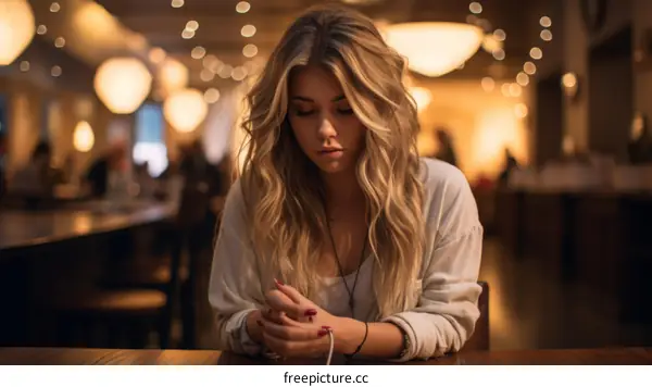 Portrait of a beautiful blonde woman sitting in a restaurant