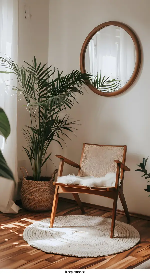Minimalist Living Room Interior Design with Palm Tree and Round Rug