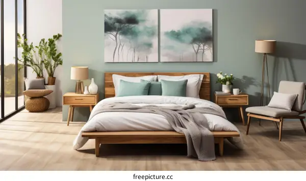 Wooden bed frame featuring white sheets and green pillows in a green-walled bedroom with wooden floor