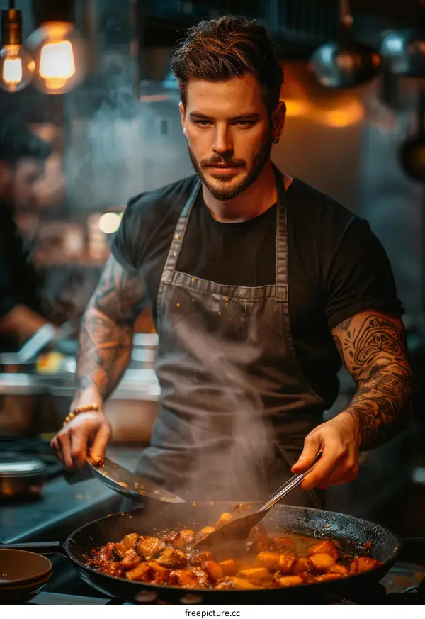 Young male chef cooking in a restaurant kitchen