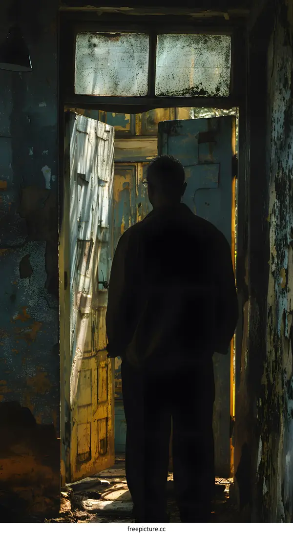 Man Standing in the Doorway of a Derelict Building