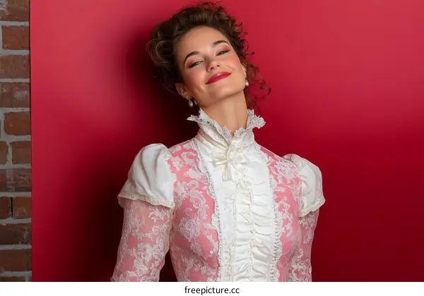 Vintage Woman in Elegant Lace Dress against Red Background