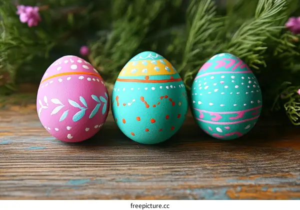 Hand-painted Easter Eggs on Wooden Table