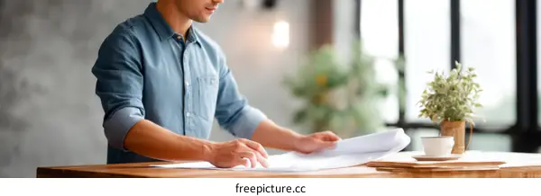 Asian Man Working on Architectural Plans at Wooden Desk