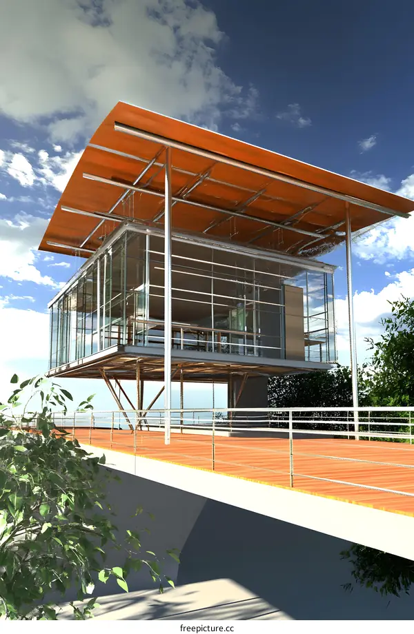 Modern Glass House with Wooden Deck and Overhanging Roof