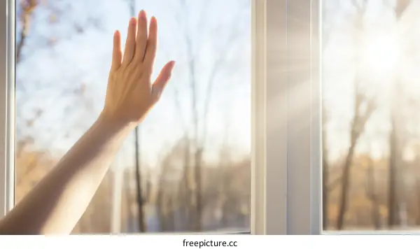 Hand reaching out to touch the sunlight shining through a window