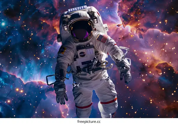 Astronaut in spacesuit with American flag on his arm floating in the vastness of space