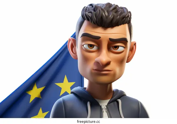 3D Illustration of a Young European Man Holding a EU Flag