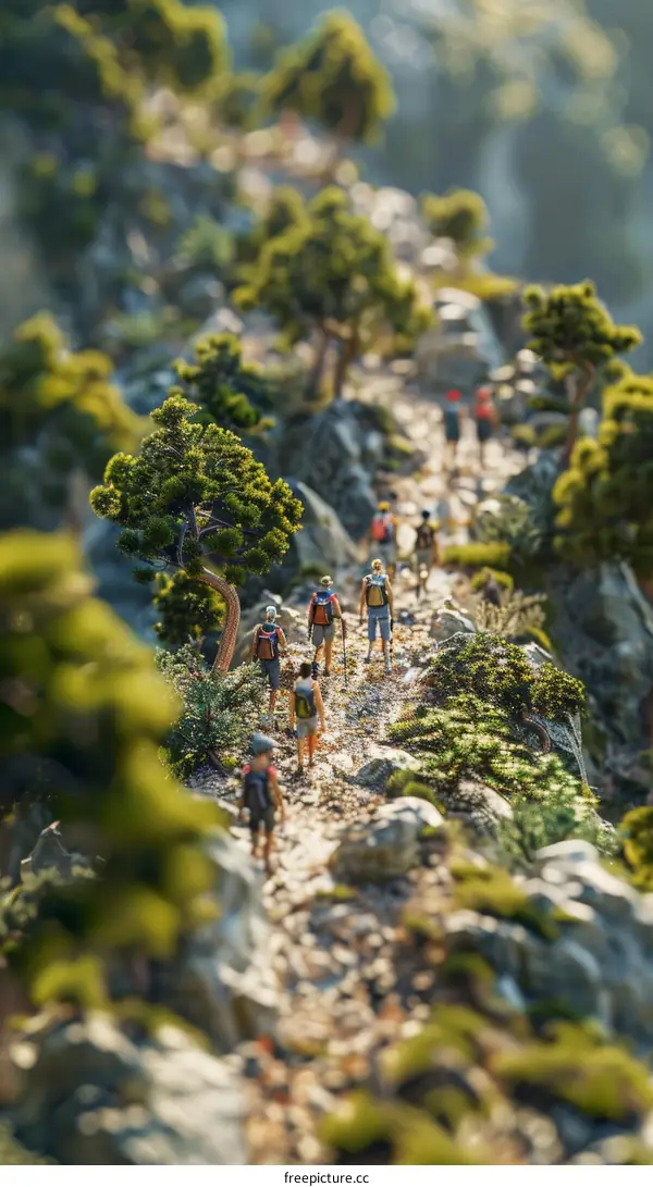 Miniature photography of people hiking on a mountain ridge
