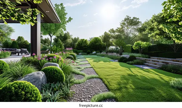 Modern Minimalist Courtyard Landscape Design with Stone Pathways and Greenery
