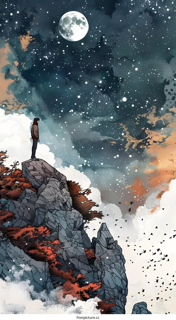 man looking at the starry sky on the top of the mountain