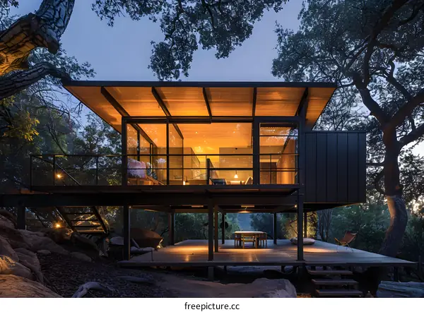 Modern Glass House Elevated On Wooden Deck With Trees In The Background