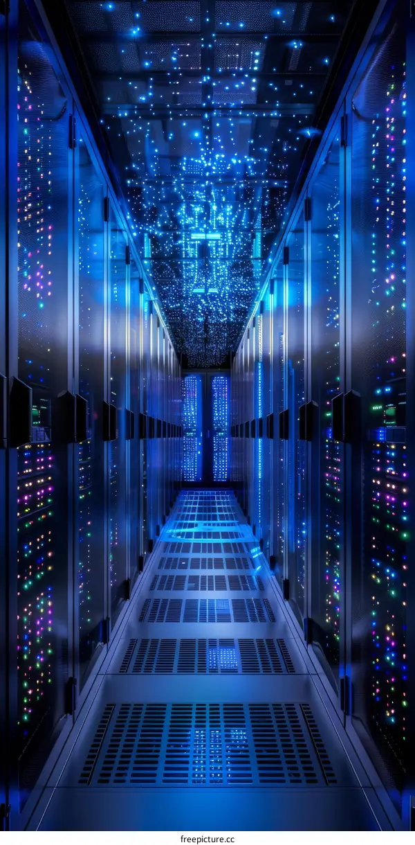 Blue lights illuminate a futuristic server room
