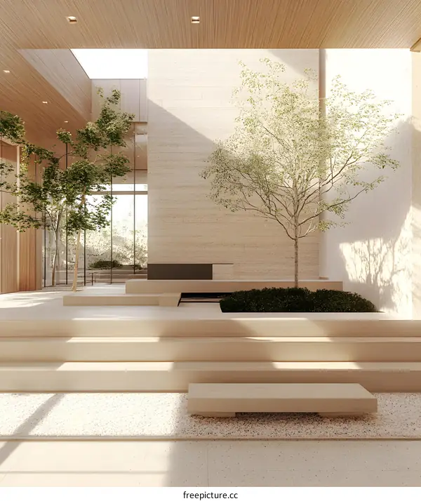 Modern Minimalist Courtyard Design with Wooden Steps and Greenery