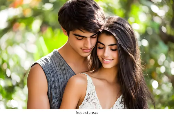 Romantic Couple Hugging in a Garden