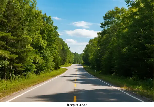 A peaceful road surrounded by lush green trees under a clear blue sky