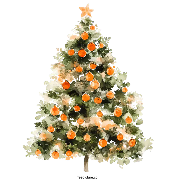 [Transparent Background PNG]Watercolor Christmas Tree Illustration with Orange Ornaments