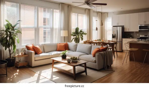 Spacious Living Room with Sectional Sofa, Dining Table, and Ample Sunlight