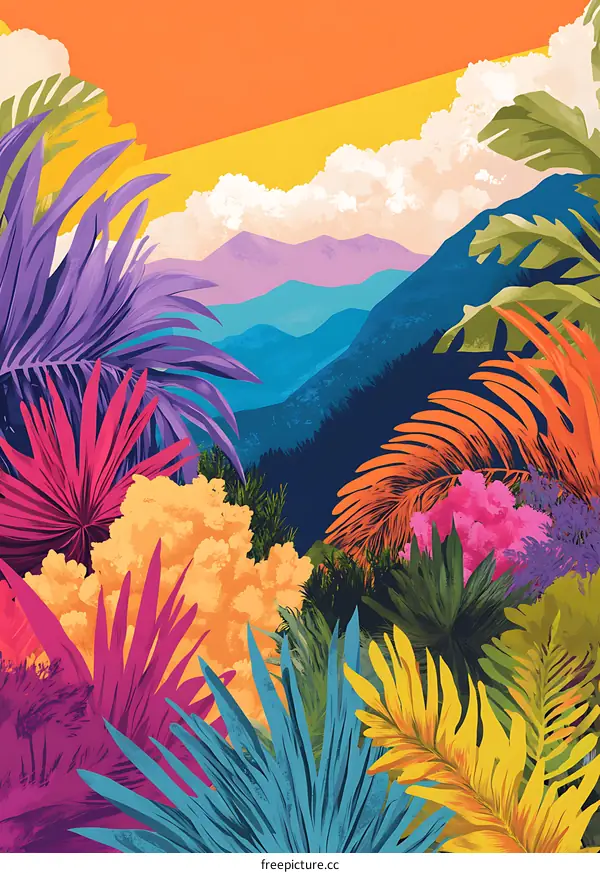 Tropical Landscape with Mountains and Colorful Plants