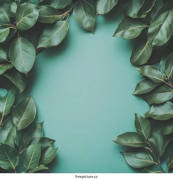 Green Leaves Border on Blue Background