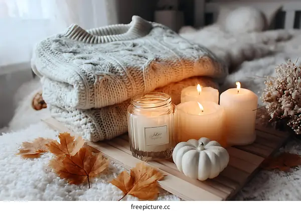Cozy Autumnal Home Decor with Candles and Knitted Sweater
