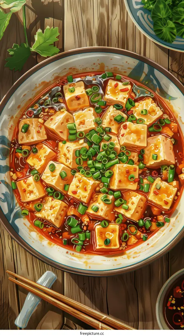 Spicy Mapo Tofu with Chopsticks on Wooden Table