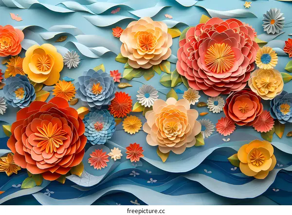 Colorful Paper Flowers on Blue Waves