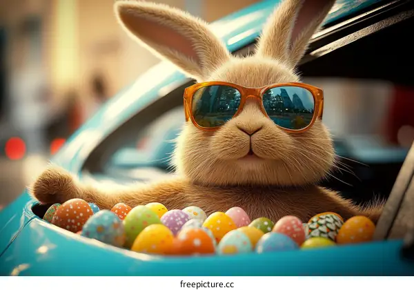 Funny Bunny in Sunglasses Driving a Car with Easter Eggs