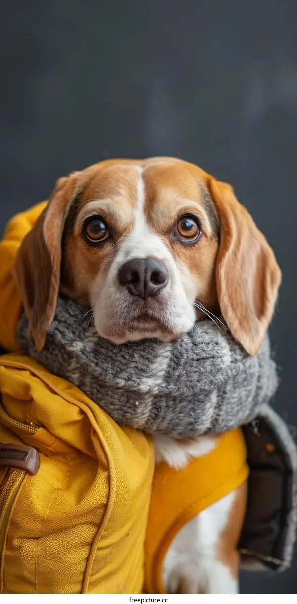 A cute beagle dog wearing a scarf and a yellow backpack