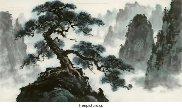 A Majestic Pine Tree Standing on a Rocky Mountain Peak