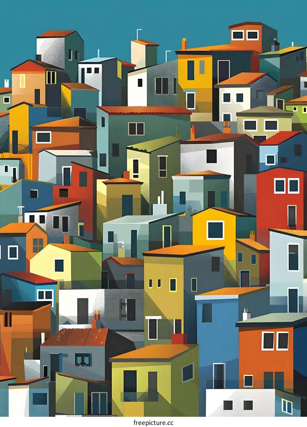 Colorful Illustration of a Town with Many Houses