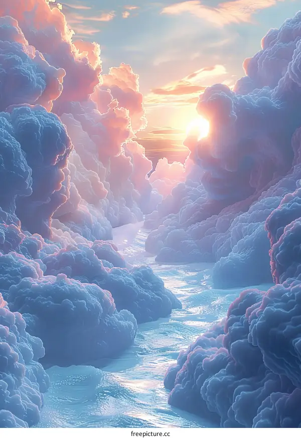 A River of Clouds Flows through a Valley towards a Bright Sun