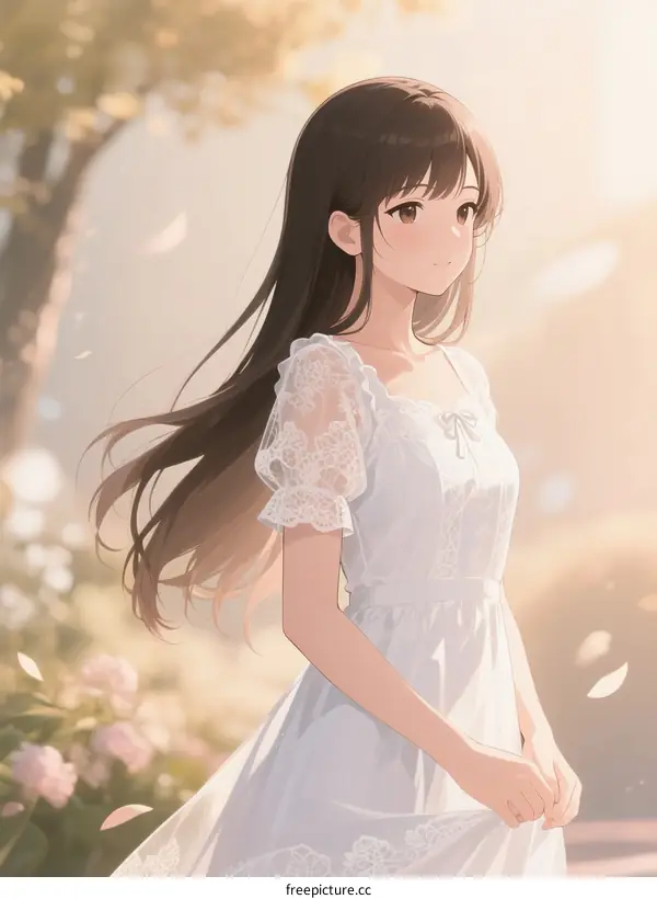 A young woman in a light white dress standing in a sunny garden