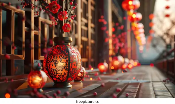 Chinese New Year Decorations with Red Lanterns and Vase