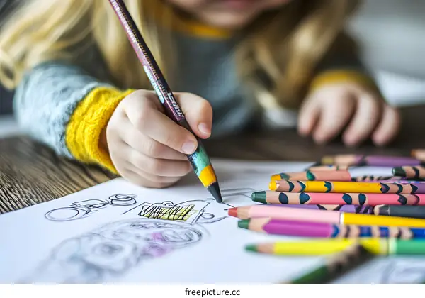 Little Girl Coloring With Crayons