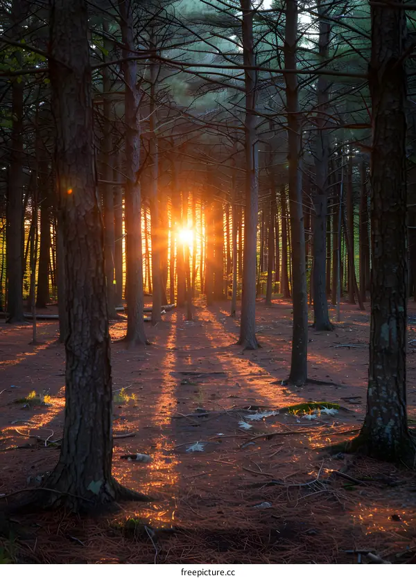 The sun shines through the forest