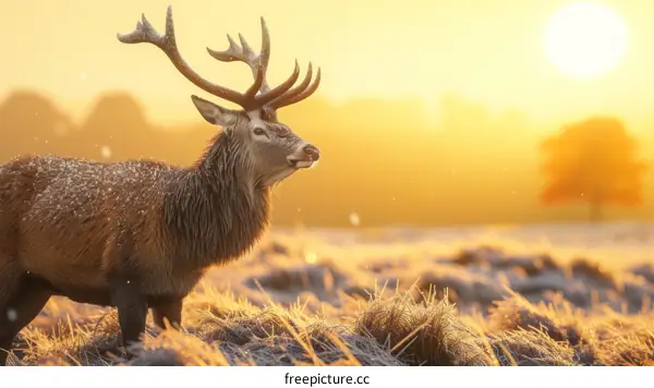 A majestic deer stands in a field of tall grass during a beautiful sunrise