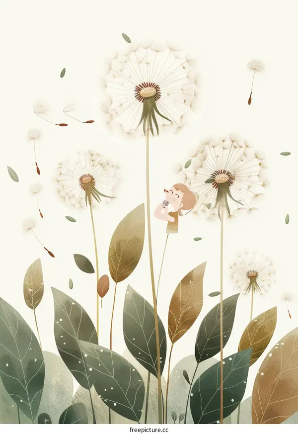 A Child Blowing Dandelions in a Whimsical Garden