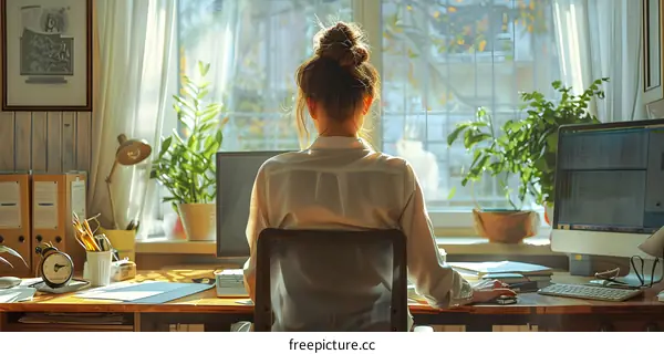 Woman Working From Home At Desk By Window