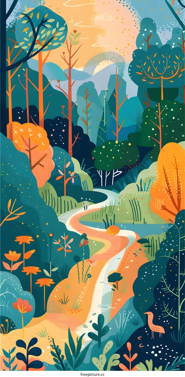 Colorful Illustration Of A Winding Path Through A Forest