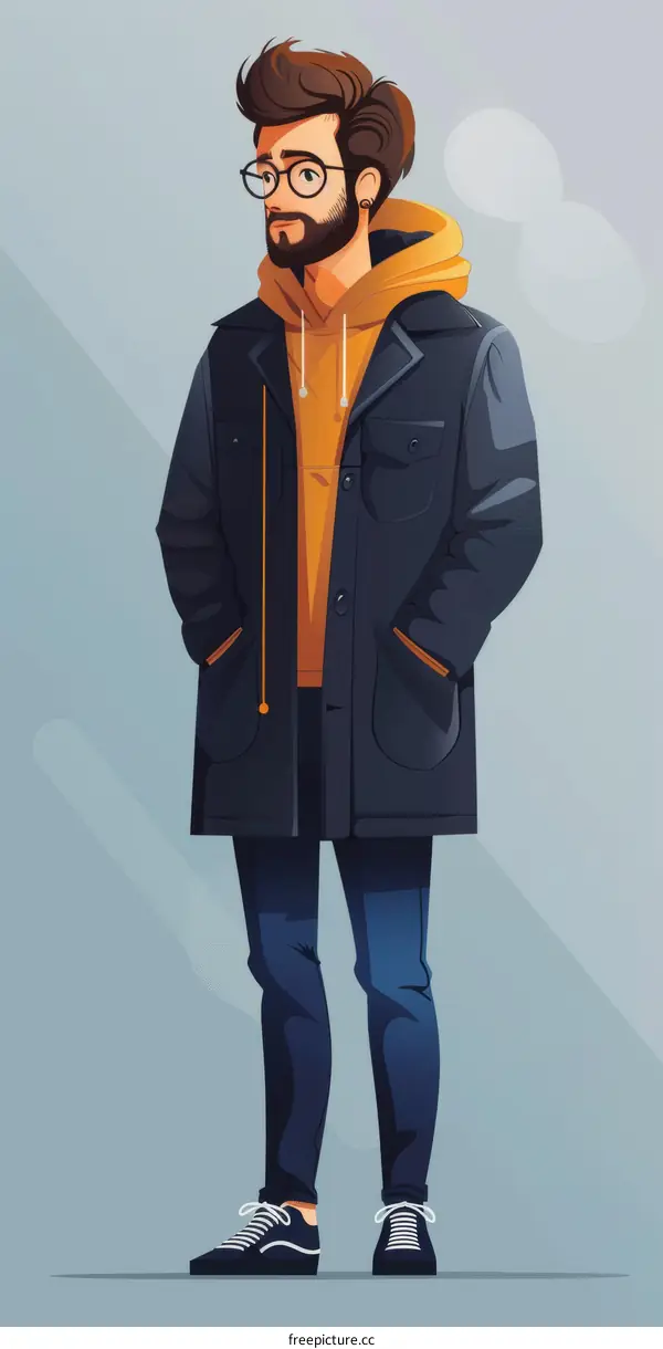 A man wearing a black coat and orange hoodie