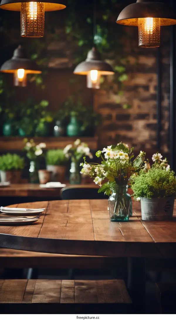 Rustic wooden table decorated with a vase of flowers