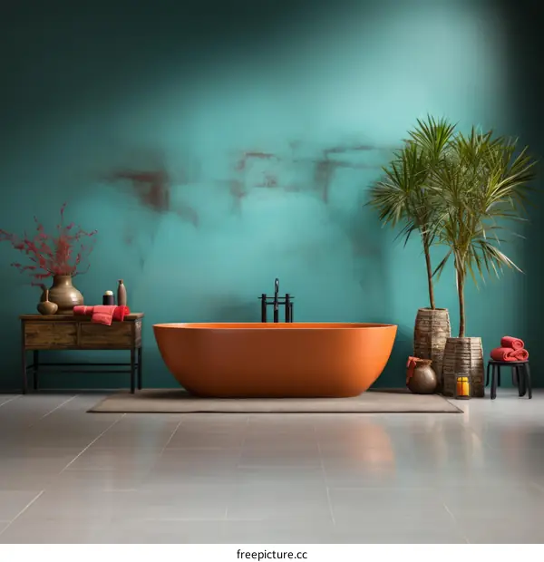 Bathroom with a large orange bathtub