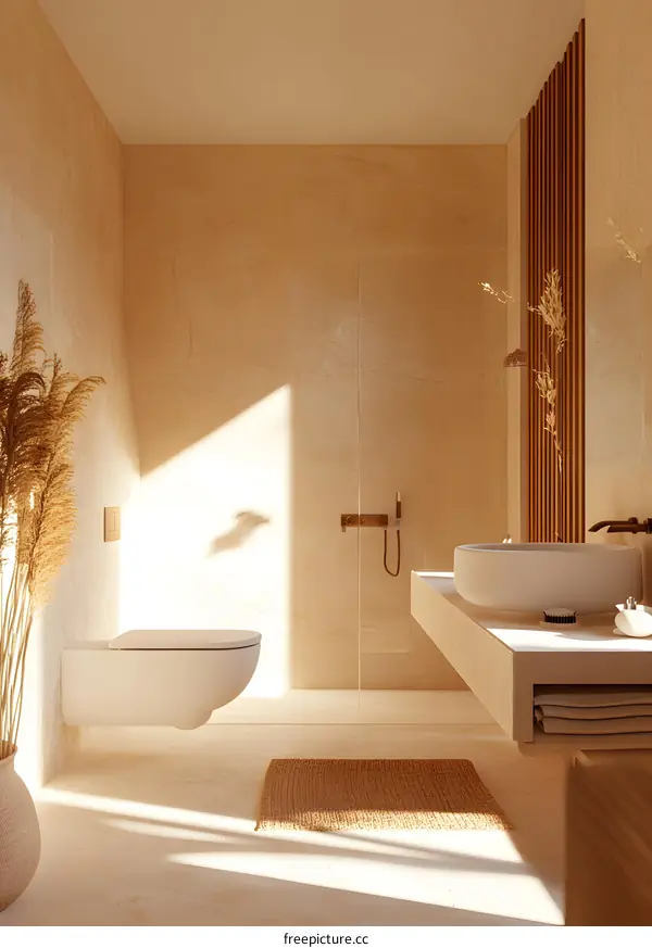 Modern Minimalist Bathroom Interior Design With Beige Walls and Wooden Accents