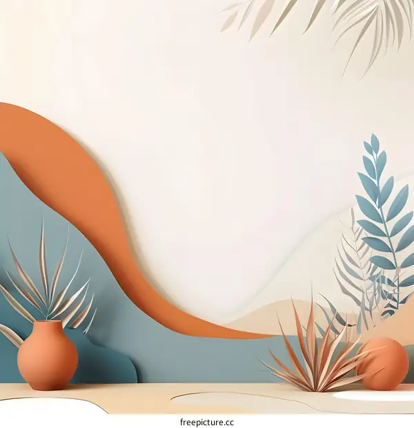 Abstract Minimalist Background With Orange And Blue Geometric Shapes And Tropical Plants