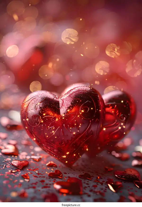 Two red heart-shaped candies with red glitter and red heart-shaped sprinkles on a red surface with a red background.